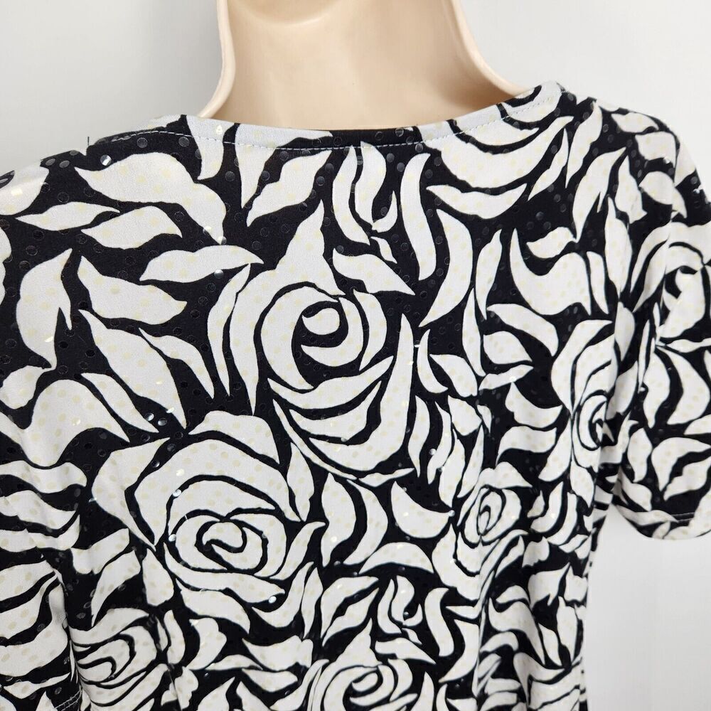 MSK Pullover Top Women's Size XL Blk & White Floral Short Sleeve Draped Neck - Picture 8 of 9